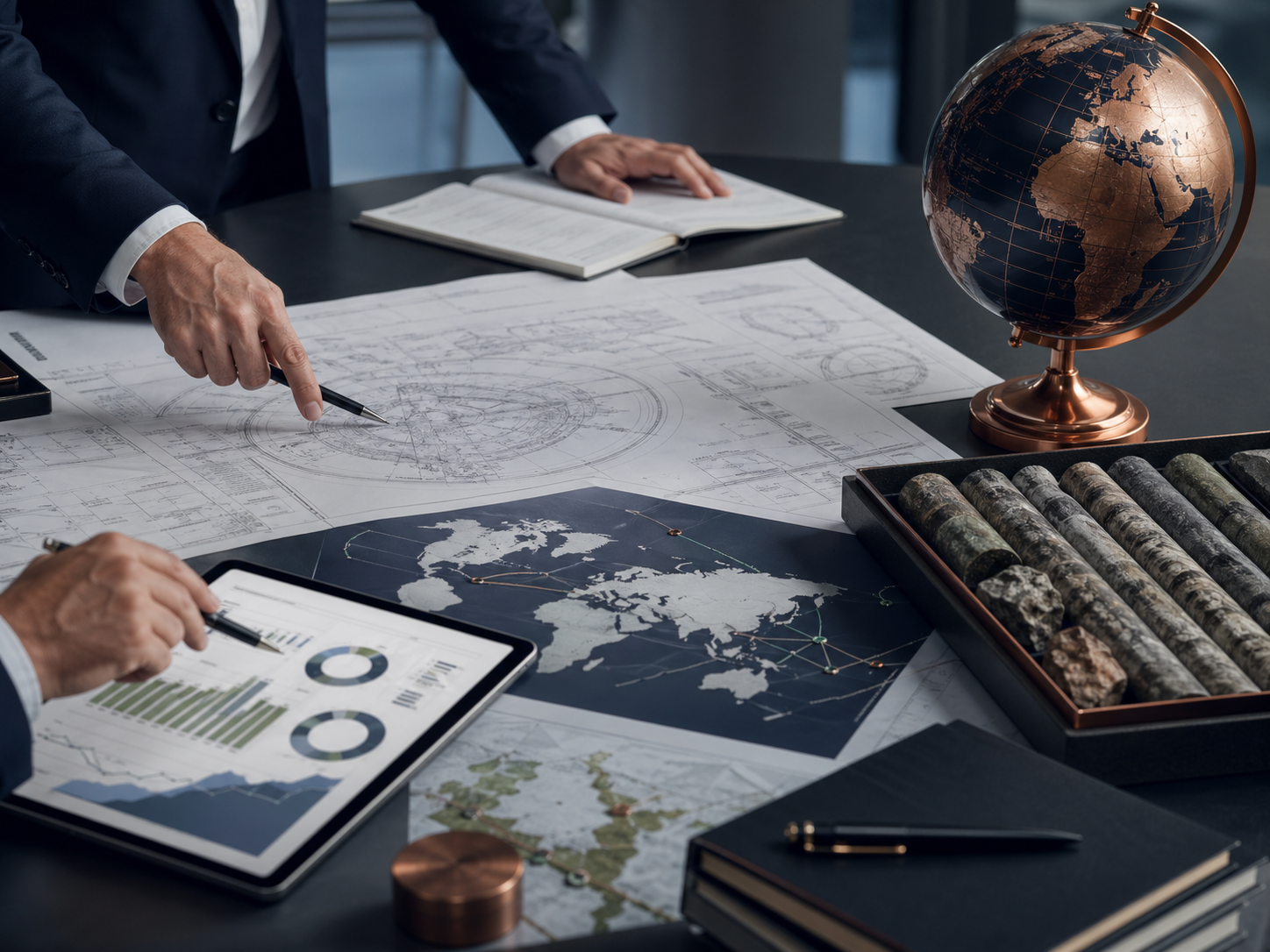 Executive advisory table with technical drawings, maps, and geological samples