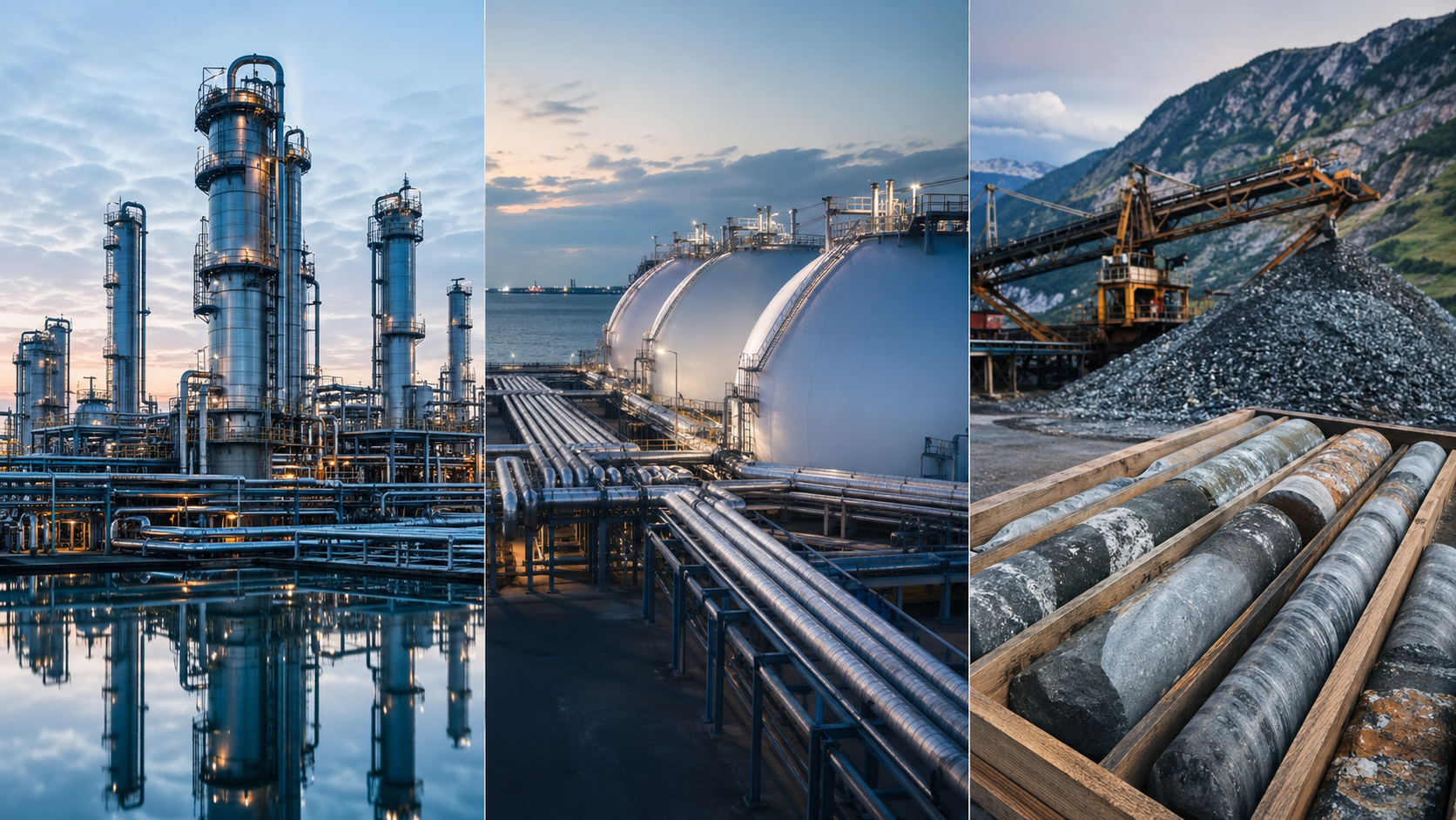 Oil facility, LNG terminal, and mining operation triptych
